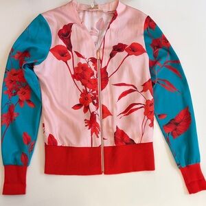 Ted Baker Cortnee Fantasia Pink and Teal Maximalist Floral Bomber Jacket NWOT